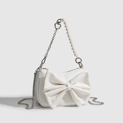Black & White PU Bow Handbag – Pearl Chain Shoulder Tote for Women | HabibiOffers