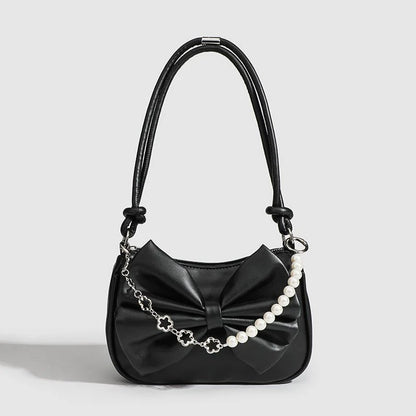 Black & White PU Bow Handbag – Pearl Chain Shoulder Tote for Women | HabibiOffers