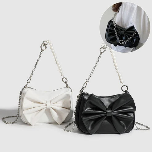 Black & White PU Bow Handbag – Pearl Chain Shoulder Tote for Women | HabibiOffers