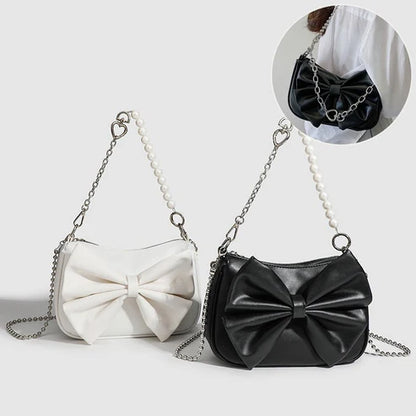 Black & White PU Bow Handbag – Pearl Chain Shoulder Tote for Women | HabibiOffers