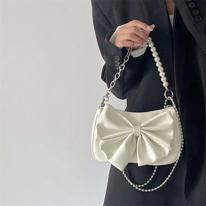 Black & White PU Bow Handbag – Pearl Chain Shoulder Tote for Women | HabibiOffers