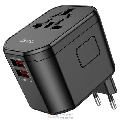 Hoco Universal Travel Adapter – Multi-Socket 3-in-1 Plug + USB Fast Charging