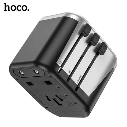Hoco Universal Travel Adapter – Multi-Socket 3-in-1 Plug + USB Fast Charging