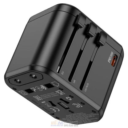 Hoco Universal Travel Adapter – Multi-Socket 3-in-1 Plug + USB Fast Charging