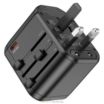 Hoco Universal Travel Adapter – Multi-Socket 3-in-1 Plug + USB Fast Charging