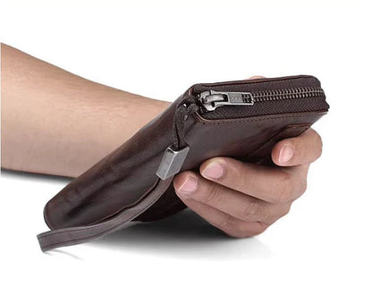 Men’s Handmade Sheepskin Retro Long Wallet – Vintage Brown & Classic Black Zippered Leather Purse | HabibiOffers