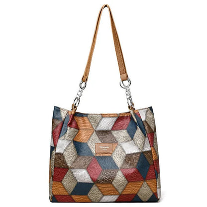 Retro Geometric Pattern Color-Matching Shoulder Bag – Large Capacity Women’s Tote | HabibiOffers