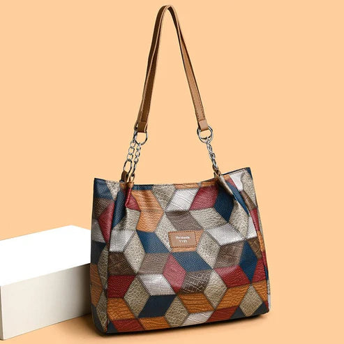 Retro Geometric Pattern Color-Matching Shoulder Bag – Large Capacity Women’s Tote | HabibiOffers