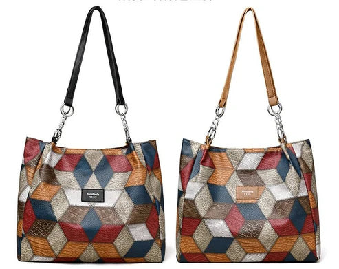 Retro Geometric Pattern Color-Matching Shoulder Bag – Large Capacity Women’s Tote | HabibiOffers