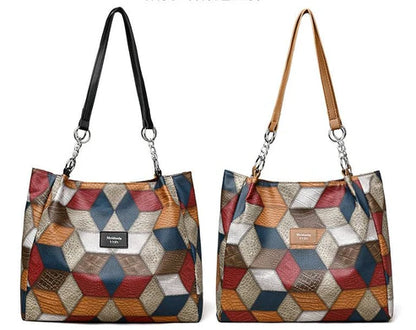 Retro Geometric Pattern Color-Matching Shoulder Bag – Large Capacity Women’s Tote | HabibiOffers