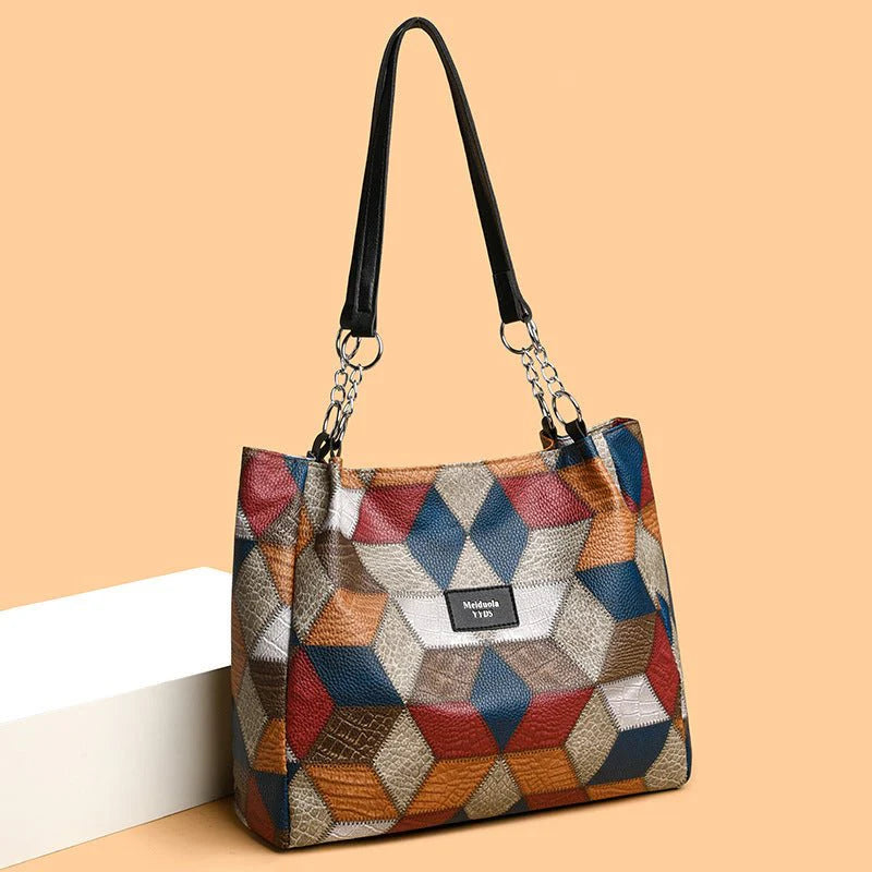 Retro Geometric Pattern Color-Matching Shoulder Bag – Large Capacity Women’s Tote | HabibiOffers