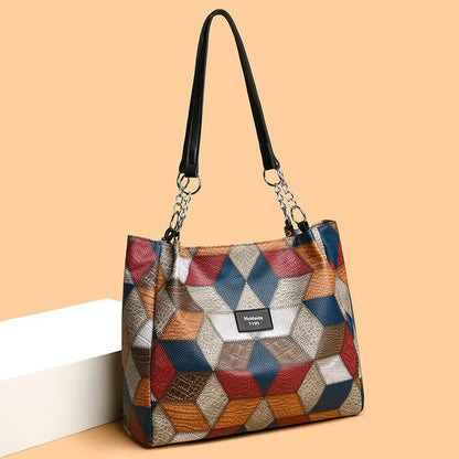 Retro Geometric Pattern Color-Matching Shoulder Bag – Large Capacity Women’s Tote | HabibiOffers